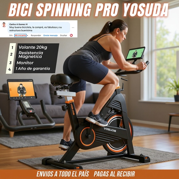 A square ad creative showcasing a woman using a spinning bike, featuring a customer testimonial overlay and a list of key technical product specifications.